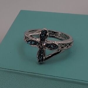 Elegant Silver & Blue Gemstone Cross Ring "With God All Things Are Possible" 8